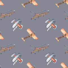 Retro air planes vintage style watercolor illustration seamless pattern isolated