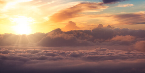 Aerial Cloudscape Sky. Sunset Sky Art Render. British Columbia, Canada. Nature Background