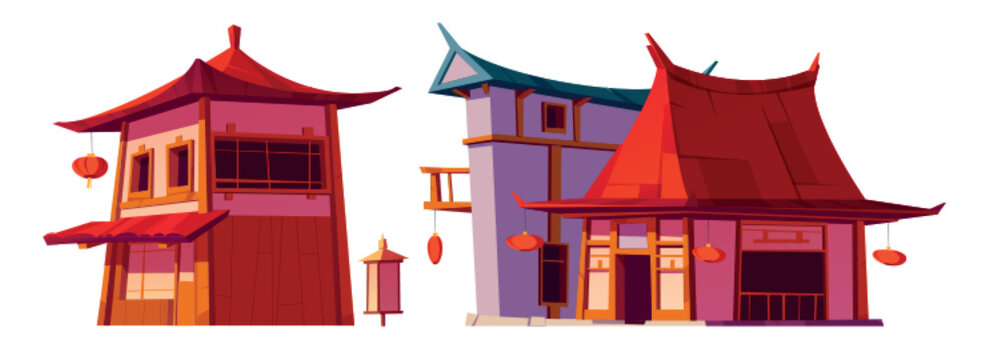Asian architecture, chinese houses, traditional oriental buildings in China. Asian city buildings with red roof, wooden walls and lanterns, vector cartoon illustration