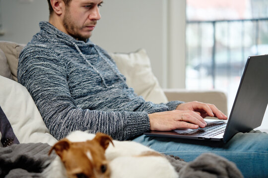 Man Sitting On Sofa In Living Room And Using Laptop, Near Lying Dog. Freelancer Working At Home Workplace. Remote Work And Work From Home Concept