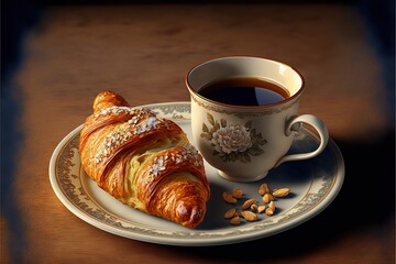  a cup of coffee and a croissant on a plate with almonds on the side of the plate and a cup of coffee on the plate.  generative ai