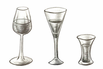 Isolated Glasses for alcoholic drinks. Set of different Glasses, pencil Drawing.