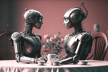 couple of lovers humanoid robots on a romantic date. Valentine's Day with love. Generative AI illustration