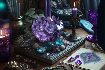 Magic purple gemstones for esoteric spiritual practice, Healing Crystal Ritual, Witchcraft, future predictions. Generative AI illustration - obrazy, fototapety, plakaty