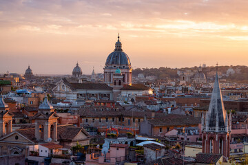 Old Historic Buildings in Downtown City of Rome, Italy. Cloudy Sunny Sunset Sky.