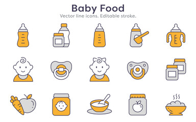 Baby food line icons, such as milk, jar, powder, porridge and more. Editable stroke.