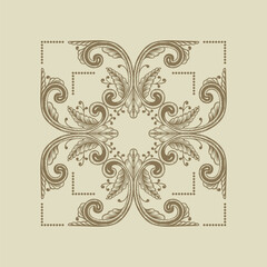 Hand Drawn Vintage damask ornamental element for design. Baroque square ornament. Retro Elegant abstract floral pattern border in antique style. Decorative foliage swirl edging design element.