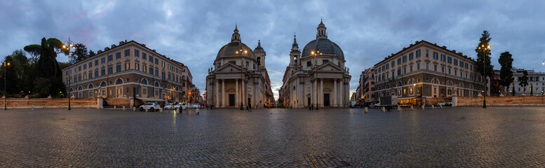 Fototapeta na wymiar Landmark Square, Piazza del Popolo, in Downtown Rome, Italy. Cloudy Sunrise. Panorama