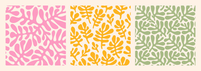 Groovy abstract flower art seamless patterns. Organic floral doodle shapes in trendy naive retro hippie 60s 70s style. Matisse curves aestethic. Botanic vector background in pink, yellow colors.