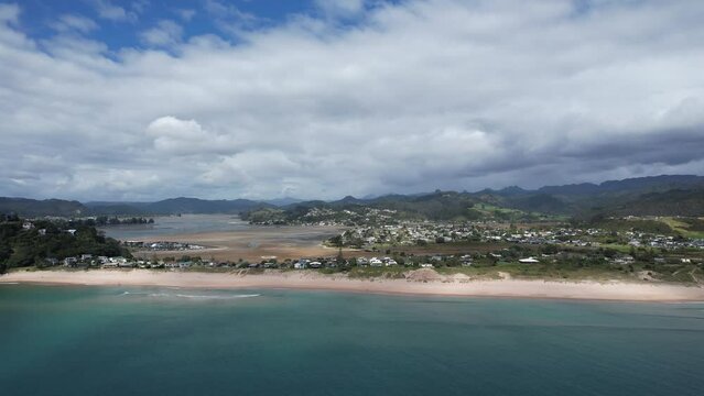 Aerial drone footage of Tairua beach in the Coromandel in New Zealand