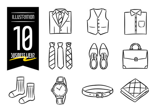 Set of 10 hand-drawn pop-style icon illustrations with business wear motifs