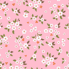 Vector floral seamless pattern. Abstract luxurious pattern with small white and orange flowers on a pink background with leaves and branches. Liberty style wallpaper, rustic vintage style.