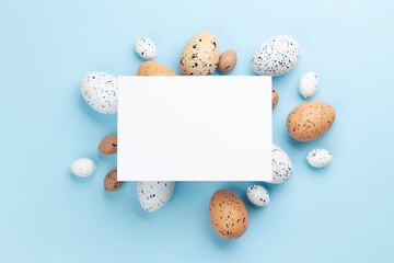 Easter greeting card over easter eggs