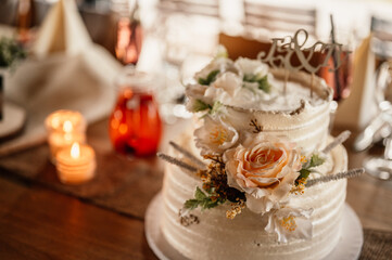Decorated hall for wedding ceremony. Wedding. Banquet. Wedding cake, cake for a wedding