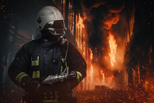 Portrait of fire fighting fireman dressed in protective suit holding fire hose.