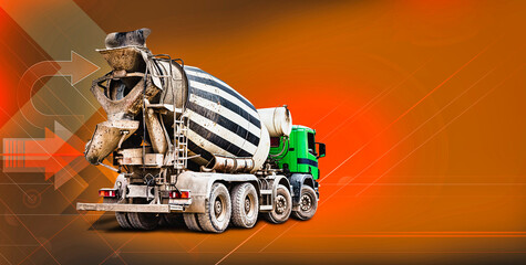 Concrete mixer truck on industrial background. Delivery of concrete for pouring foundations and building structures. Infographics. Construction equipment for concreting structures.