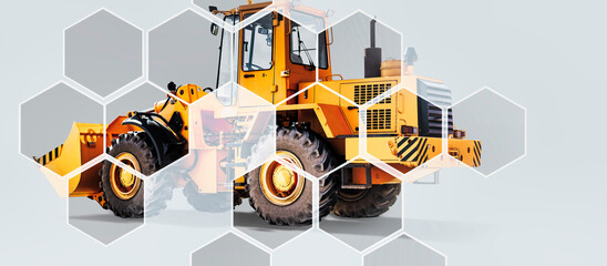 Powerful wheel loader or bulldozer with a large bucket on an industrial background. Construction equipment for earthworks. Bulk cargo transportation. Element for design. © Anoo
