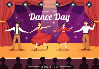 International Dance Day Illustration with Professional Dancing Performing Couple or Single in Flat Cartoon Hand Drawn for Landing Page Templates