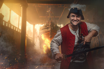 Shot of smiling pirate with flintlock handgun and sword assaulting burning ship.