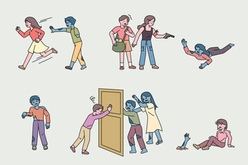 Fototapeta premium People fighting the chasing zombies. Zombie apocalypse world.