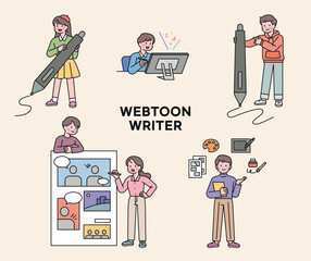 Webtoon cartoonists. People holding big digital pens. Comic book page and author explaining. A tool for drawing cartoons. - 566141641