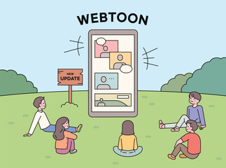 Koreans are enjoying webtoons on their mobile devices. A lot of people are sitting around a big smartphone and there are comic pages on the screen.