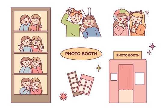 Take pictures at the photo booth. Friends and couples wearing funny headbands and doing cute poses.