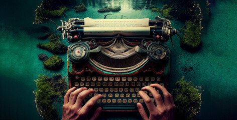 Writer creativity imagination concept illustration, typewriter flying over sea and island natural landscape. Generative AI