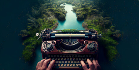 Writer creativity imagination concept illustration, typewriter flying over tropical river and forest natural landscape. Generative AI - obrazy, fototapety, plakaty