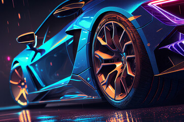Super car rear view detail blue shiny vibrant, luxurious expensive automotive illustration. Generative AI