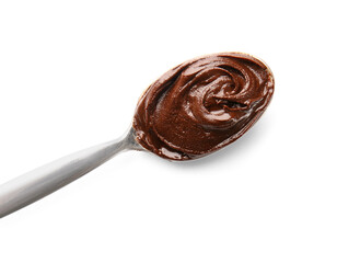 Spoon of delicious chocolate pudding isolated on white background