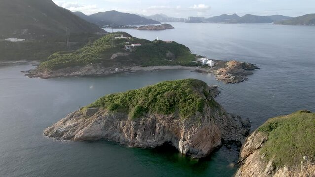 Aerial shot of Hong Kong coastline. Bay view. Cape D'Aguilar. Popular destination in Asia
