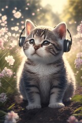 Naklejka na ściany i meble cat in the garden with headset made with generative ai