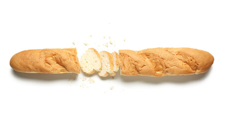 Delicious sliced baguette isolated on white background