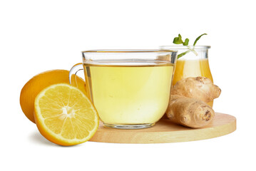 Board with ginger roots, lemon, mint, honey and cup of tea isolated on white background