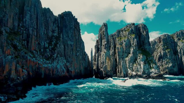 Cape Hauy Drone Flys at Sea Level Towards Cliffs in Tasmania, Australia