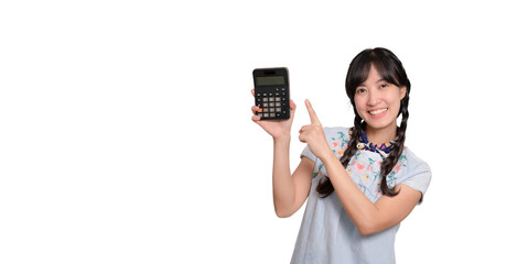 Portrait of beautiful young asian woman in denim dress holding calculator on white background. business shopping online concept.
