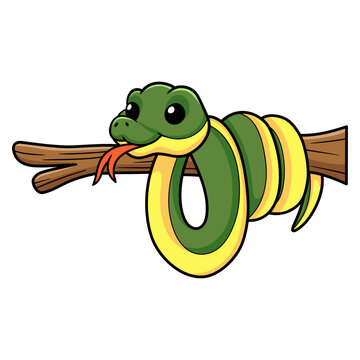 Cute easten racer snake cartoon on tree branch