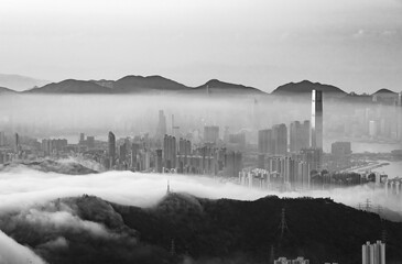 Skyline of Hong Kong city in fog