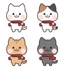 赤いマフラー手袋をした猫セット