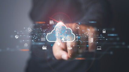 Man access data storage and network with cloud technology connection line.