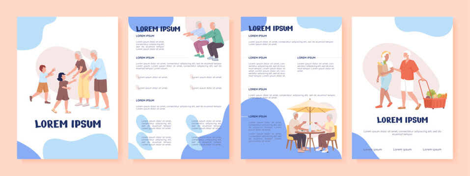 Old couple spending time together flat vector brochure template. Booklet, leaflet printable color designs. Editable magazine page, reports with text space. Nerko One, Quicksand, Comfortaa fonts used