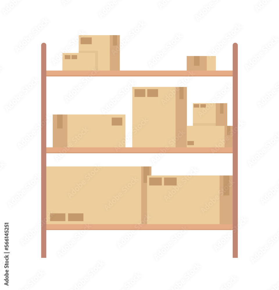 Poster storage rack with shipping cardboard boxes semi flat color vector objects. editable items. full size