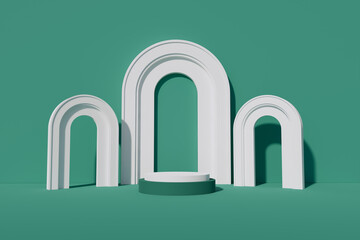 Blank product display on green studio background with pedestal or podium. Empty showcase stand backdrops. 3D rendering.