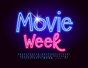 Vector artistic banner Movie Week. Blue Neon Alphabet Letters and Numbers set. Glowing handwritten Font