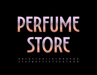 Fototapeta premium Vector elite Signboard Perfume Store. Chic Golden Font. Trendy Alphabet Letters and Numbers set