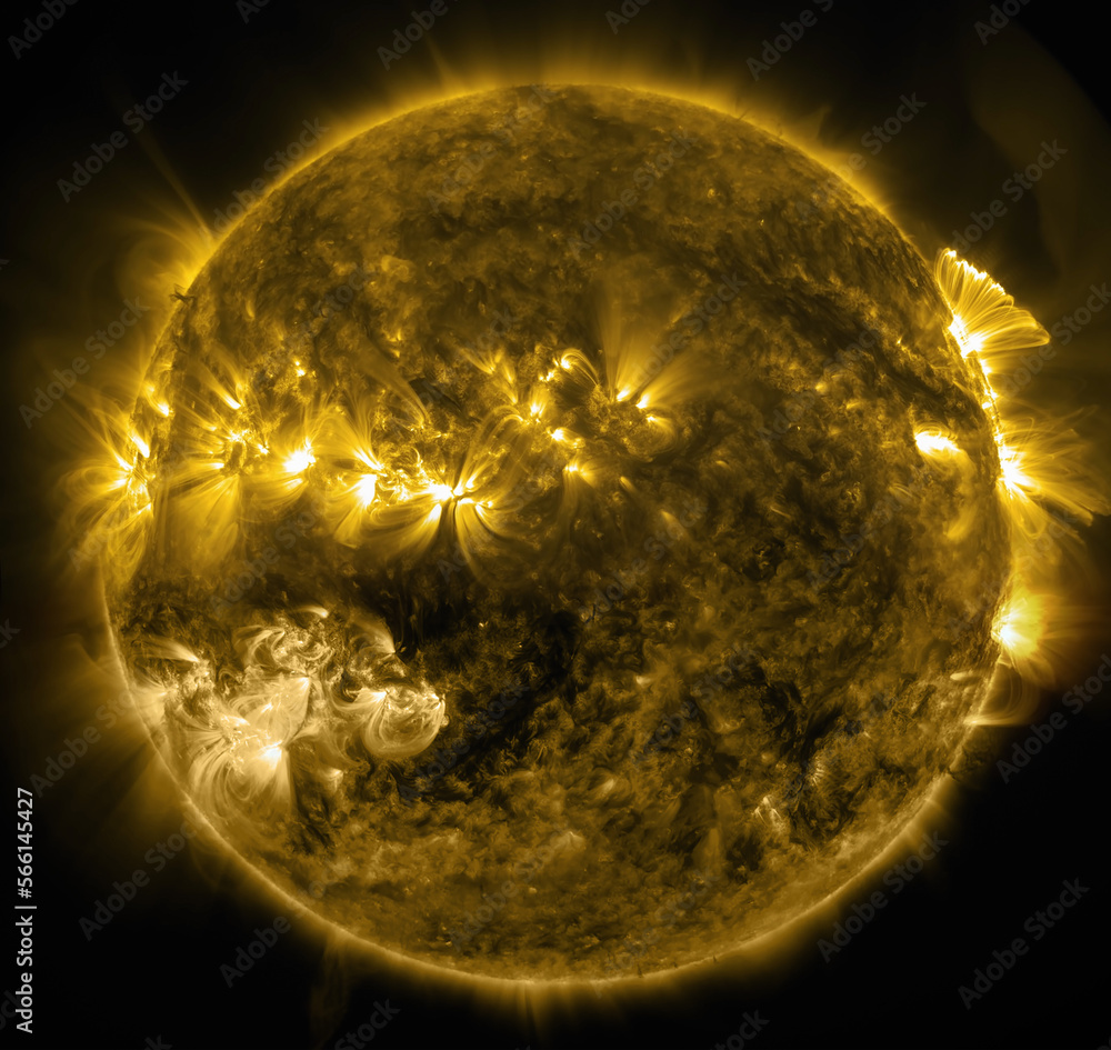Poster our star with magnetic storms. plasma flash on the surface of a our star with lot of stars 