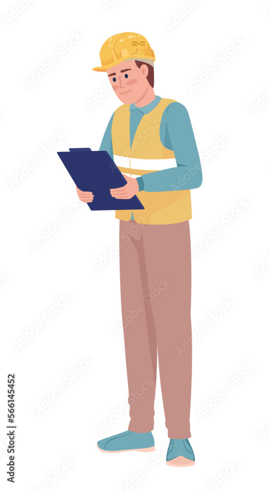 Poster warehouse manager with tablet semi flat color vector character. operations control. editable figure.