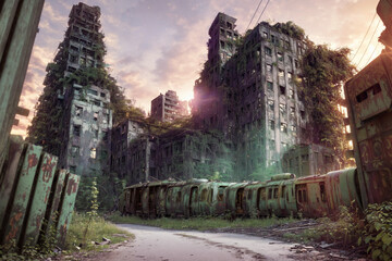 The last remains of us. The post-apocalyptic view of the ruins of a destroyed city overgrown by plants. Generative AI