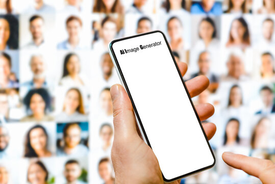 Male holds mockup white blank screen mobile phone.Man using Artificial software Ai image generator on mobile phone to create realistic generated image.Blurred PC monitor collage portrait background.